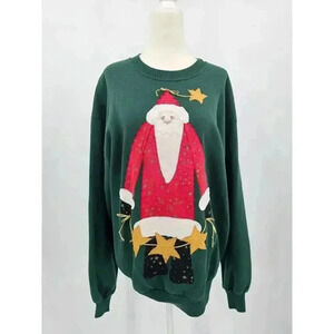 Vtg Jerzees Homemade Women's L Green Santa Applique Holiday Crewneck Sweater
